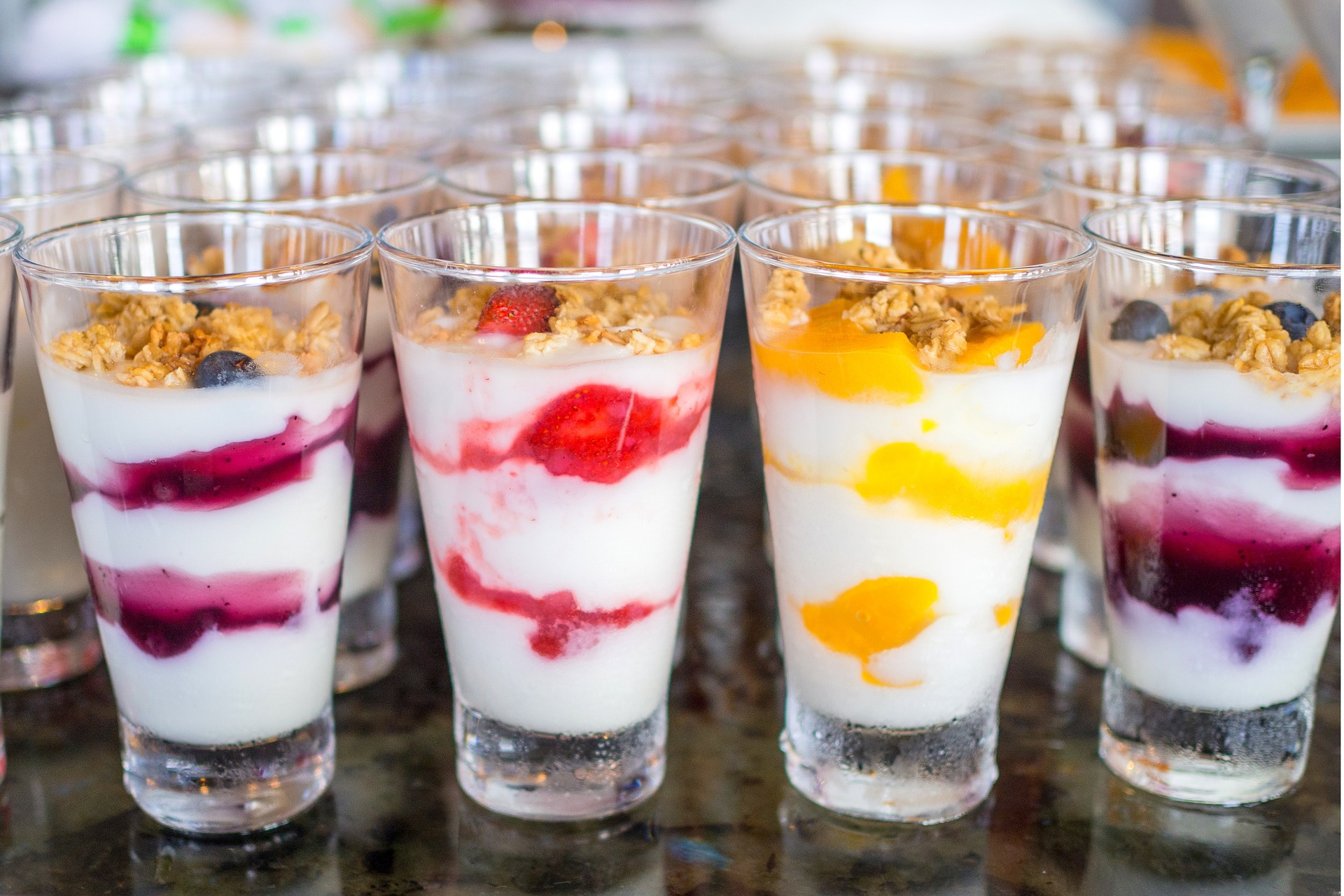 Yogurt parfait layered with fruit and granola